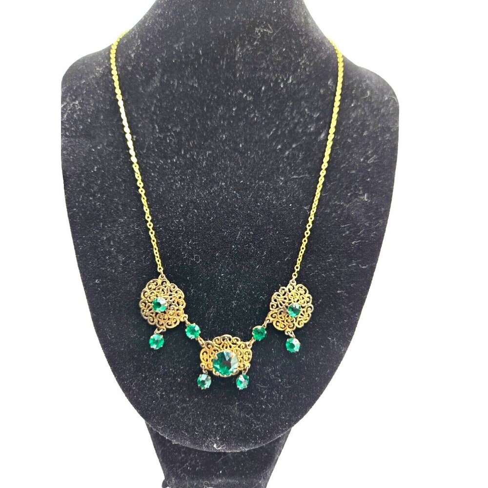 ANTIQUE Kores & Lichtenfels Germany Necklace Gold Plated Filagree Green Necklace